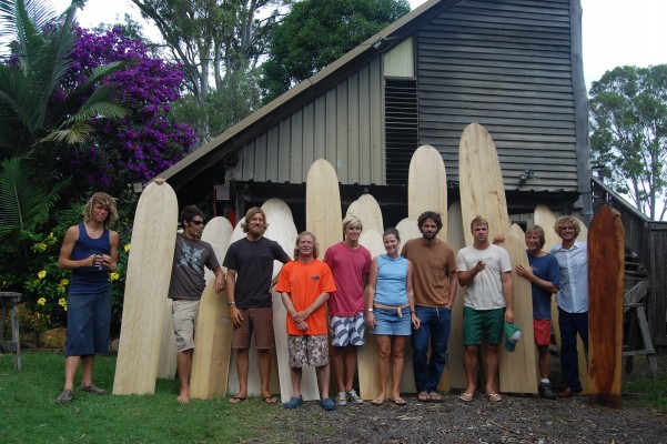 The Present crew:  Matt Williams, David Rastovich, Chris Del Moro, Jon Wegener, Harrison Roach, Margie Wegener, Dan Malloy, Thomas Campbell, Tom Wegener, Jacob Stuth in front of my shed. 